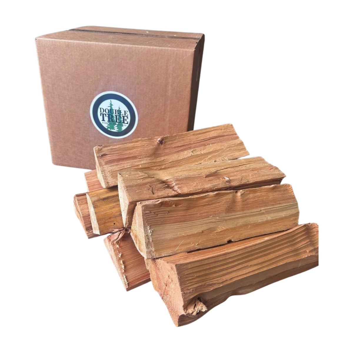 Split incense cedar firewood in front of a Double Tree box