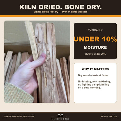 Hand lifting a split cedar kindling stick from an open box