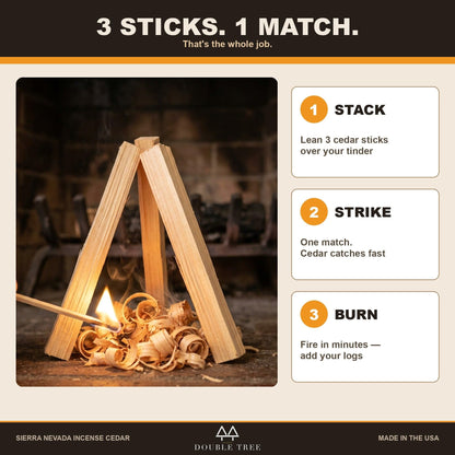 Three cedar kindling sticks leaned over tinder and lit with one match