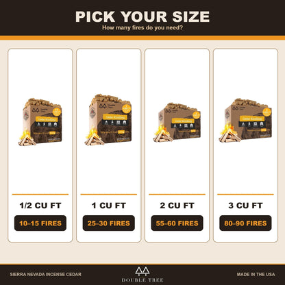 Cedar kindling size chart: 1/2, 1, 2 and 3 cubic feet