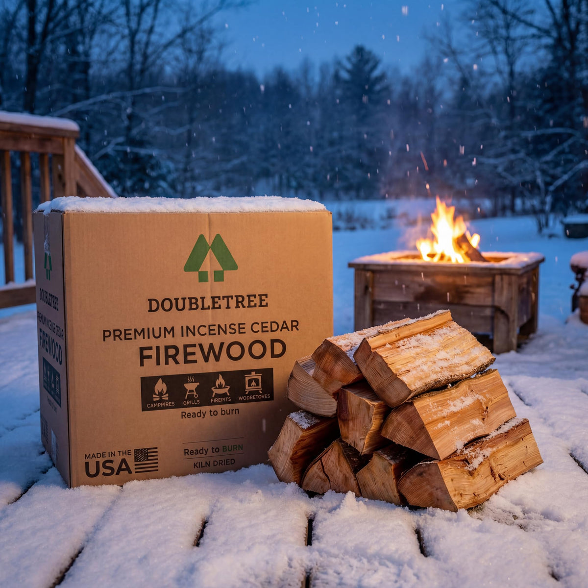 Double Tree cedar firewood box and logs on a snowy deck