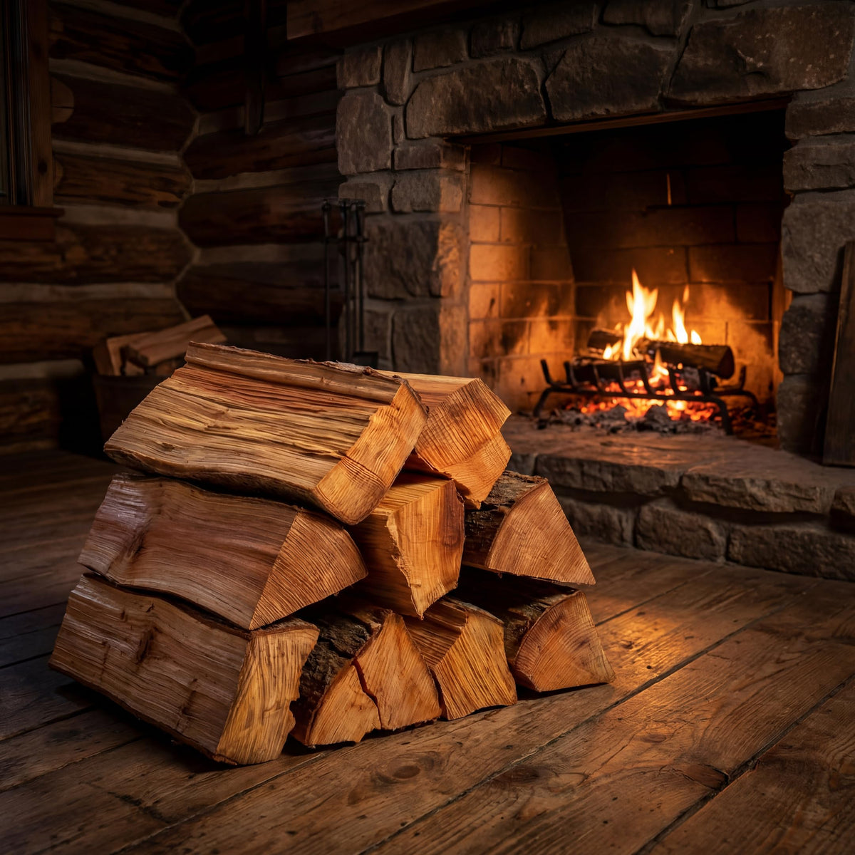 Incense cedar firewood burning in a log cabin fireplace