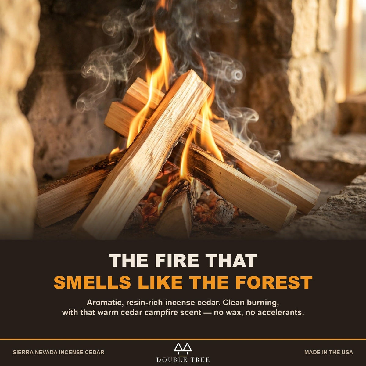 Incense cedar kindling burning in a stone fireplace