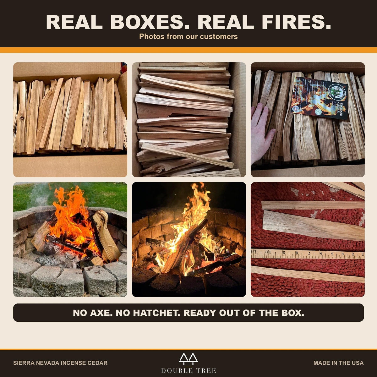 Customer photos of Double Tree cedar kindling boxes and fires
