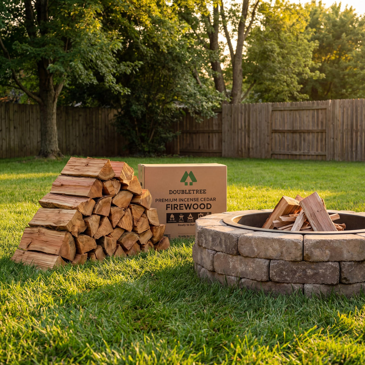 Stack of split incense cedar firewood beside a backyard fire pit