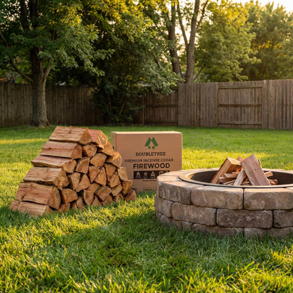 Stack of split incense cedar firewood beside a backyard fire pit