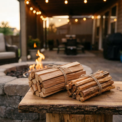 Incense Cedar Kindling and Fatwood Bundle by a cozy fire pit