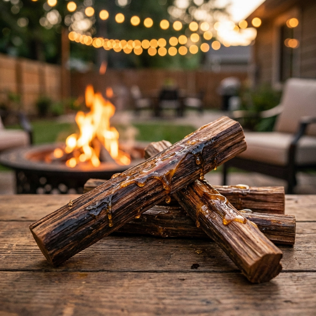 Premium Fatwood Fire Starter Sticks with natural pine resin by a fire pit