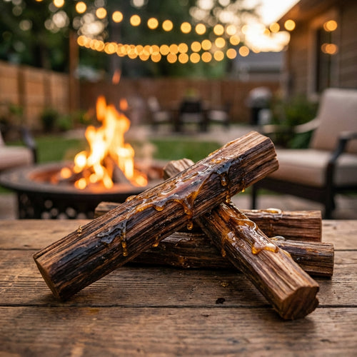 Premium Fatwood Fire Starter Sticks with natural pine resin by a fire pit