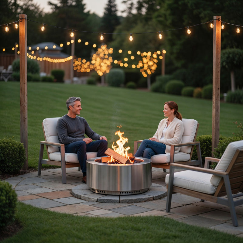 Cedar firewood burning in a backyard fire pit