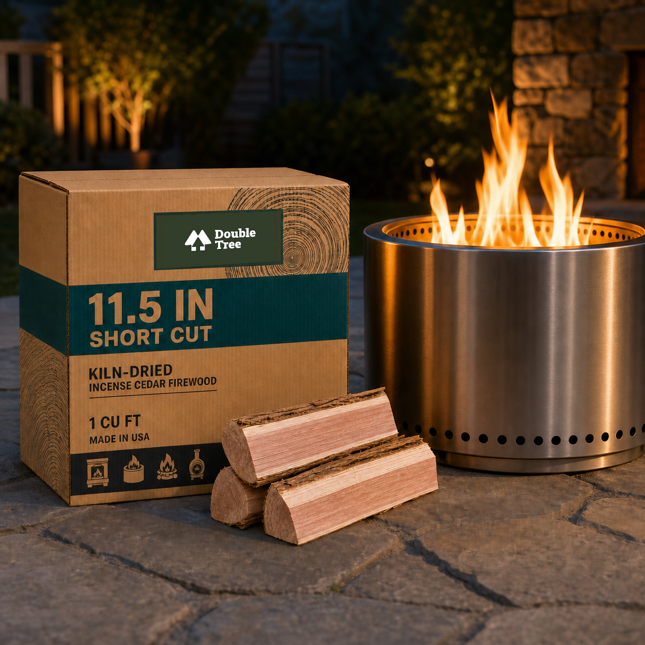11 inch short cut cedar firewood burning in a compact smokeless fire pit at dusk