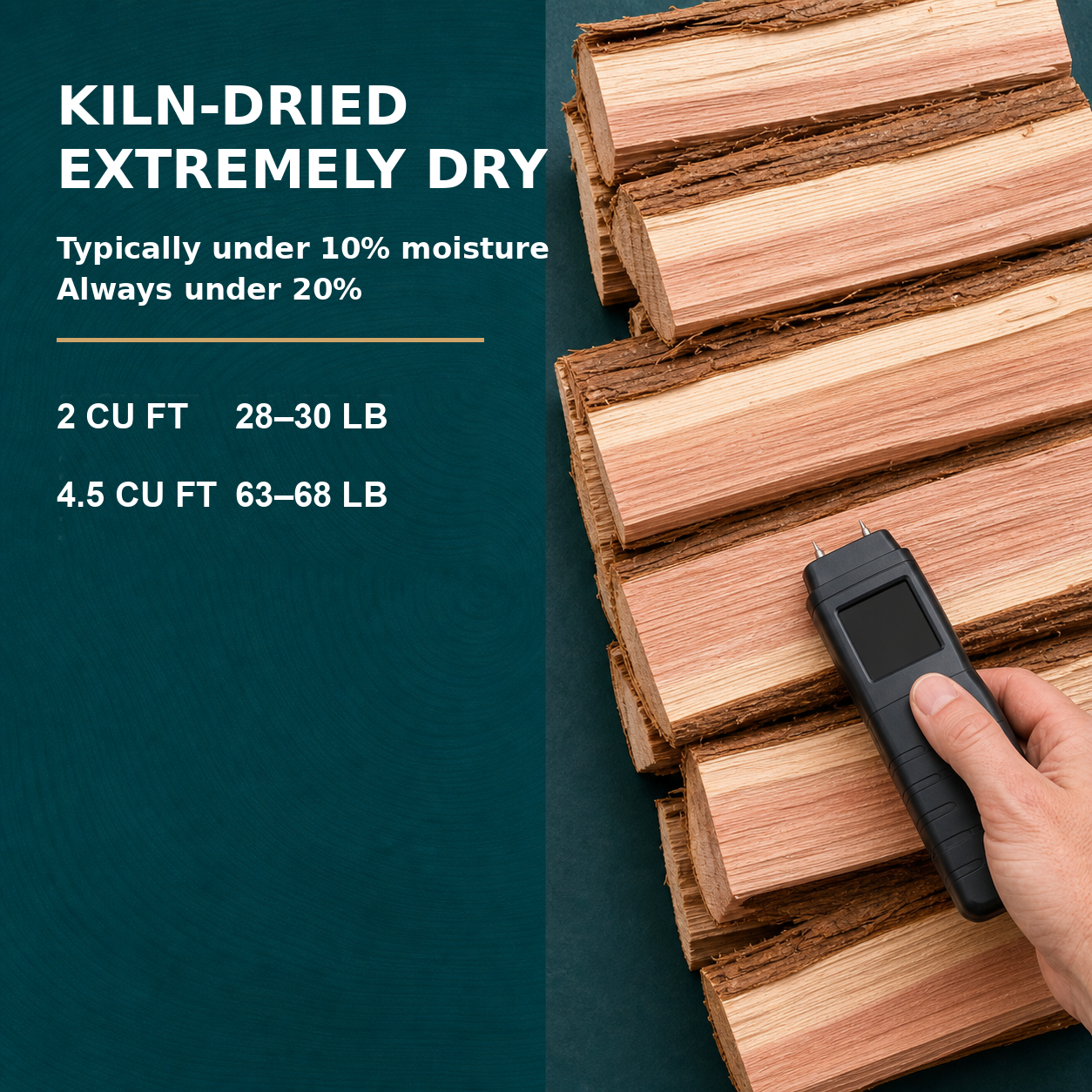 Kiln-dried incense cedar moisture and weight details, typically under 10 percent moisture always under 20