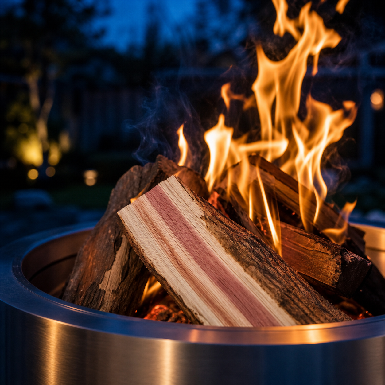 Tall bright flames from dry incense cedar firewood